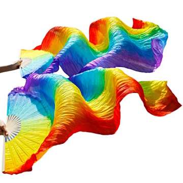 Nimiman Women Chinese Silk Belly Dance Fan Veils Vertical Rainbow Color Gift for Mom(1.8m)