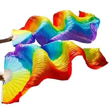 Nimiman Women Chinese Silk Belly Dance Fan Veils Vertical Rainbow Color Gift for Mom(1.8m)