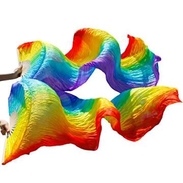Nimiman Women Chinese Silk Belly Dance Fan Veils Vertical Rainbow Color Gift for Mom(1.8m)