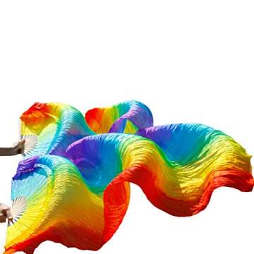 Nimiman Women Chinese Silk Belly Dance Fan Veils Vertical Rainbow Color Gift for Mom(1.8m)