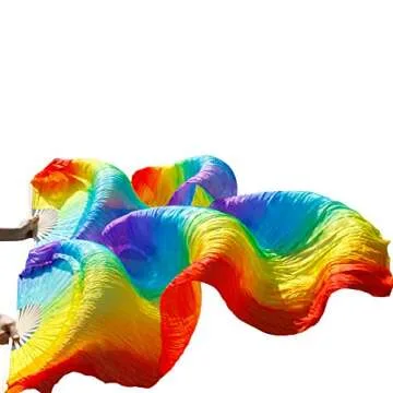 Nimiman Women Chinese Silk Belly Dance Fan Veils Vertical Rainbow Color Gift for Mom(1.8m)