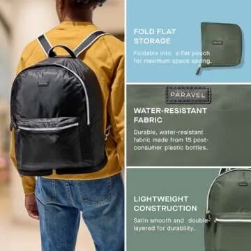 Paravel Fold Up Travel Backpack | Packable Foldable Travel Bag | Carry On Nylon Backpack with Trolley Sleeve | Derby Black