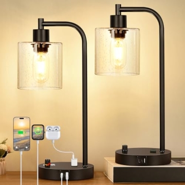 Modern Set of 2 Industrial Table Lamps with USB Ports and LED Bulbs