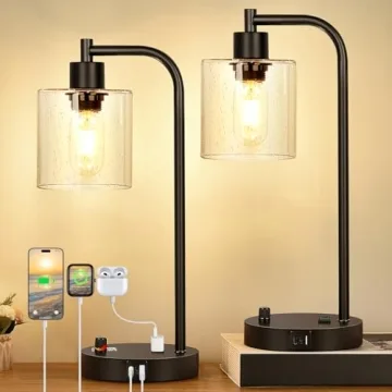 Modern Set of 2 Industrial Table Lamps with USB Ports and LED Bulbs