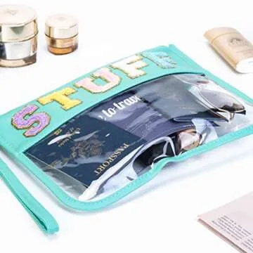 Alameda Chenille Letter Travel Makeup Organizer for Toiletries、Snack，Multi-Purpose Toiletry Bags for Women Girls Carry On，Clear Bag Stadium Approved,Clear Tote(PU Leather Style-Stuff, Large)