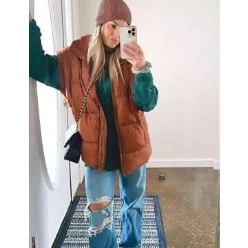 APAFES Women Winter Oversized Puffer Vest Quilted Lightweight Stand Collar Flysleeve Insulated Padded Puffy Jackets Coat with Pockets(871-Brown-L)