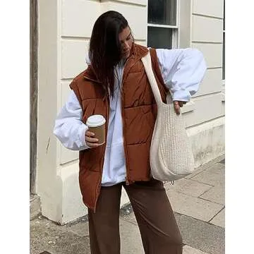 APAFES Women Winter Oversized Puffer Vest Quilted Lightweight Stand Collar Flysleeve Insulated Padded Puffy Jackets Coat with Pockets(871-Brown-L)