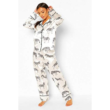 Yeshire Womens Silk Satin Pajamas Long Sleeve Loungewear Two-Piece Sleepwear Button-Down Pj Set X-Large Zebra