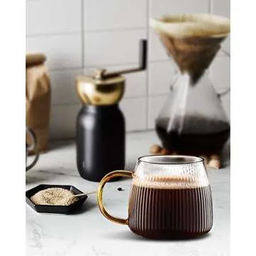 Luxtea Vintage Glass Coffee Mugs Set of 2 Ribbed Drinking Glasses Clear Tea Cups Borosilicate Glass Cup in Vertical Stripes Pattern for Cappuccino,Latte,Beverage (14 Fl.Oz.,Yellow Handle)