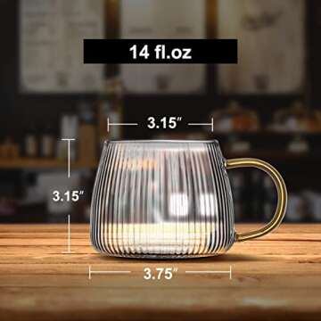Luxtea Vintage Glass Coffee Mugs Set of 2 Ribbed Drinking Glasses Clear Tea Cups Borosilicate Glass Cup in Vertical Stripes Pattern for Cappuccino,Latte,Beverage (14 Fl.Oz.,Yellow Handle)
