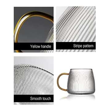 Luxtea Vintage Glass Coffee Mugs Set of 2 Ribbed Drinking Glasses Clear Tea Cups Borosilicate Glass Cup in Vertical Stripes Pattern for Cappuccino,Latte,Beverage (14 Fl.Oz.,Yellow Handle)