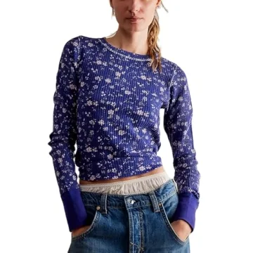 Long Sleeve Shrits for Women Y2K Boho Floral Waffle Knit Slim Fit Crop Top People Dupes Cute Ribbed ...