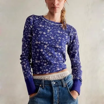 Long Sleeve Shrits for Women Y2K Boho Floral Waffle Knit Slim Fit Crop Top People Dupes Cute Ribbed Aesthetic Fairy Preppy Teens Fp Dupe Fall Clothes