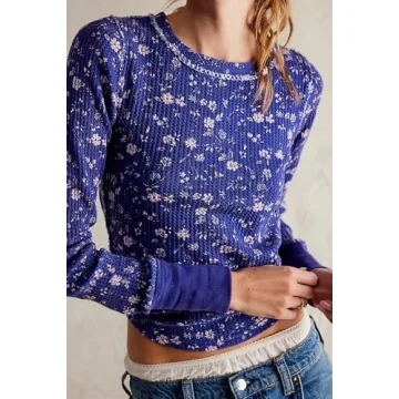 Long Sleeve Shrits for Women Y2K Boho Floral Waffle Knit Slim Fit Crop Top People Dupes Cute Ribbed Aesthetic Fairy Preppy Teens Fp Dupe Fall Clothes