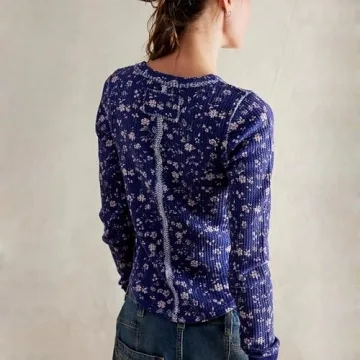 Long Sleeve Shrits for Women Y2K Boho Floral Waffle Knit Slim Fit Crop Top People Dupes Cute Ribbed Aesthetic Fairy Preppy Teens Fp Dupe Fall Clothes