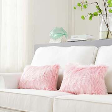 Foindtower Lumbar Fluffy Faux Fur Square Decorative Throw Pillow Cover Plush Soft Cushion Cover Pillowcases for Livingroom Couch Sofa Nursery Bed Home Decor 12x20 Inch (30x50cm) Pink 1 Piece