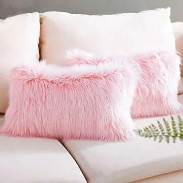 Foindtower Lumbar Fluffy Faux Fur Square Decorative Throw Pillow Cover Plush Soft Cushion Cover Pillowcases for Livingroom Couch Sofa Nursery Bed Home Decor 12x20 Inch (30x50cm) Pink 1 Piece