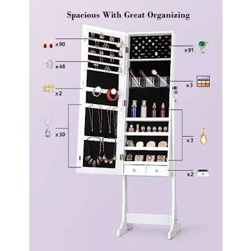 Nicetree Jewelry Cabinet with Full-Length Mirror, Standing Lockable Jewelry Armoire Mirror Organizer, 3 Angel Adjustable, White