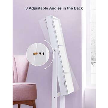Nicetree Jewelry Cabinet with Full-Length Mirror, Standing Lockable Jewelry Armoire Mirror Organizer, 3 Angel Adjustable, White