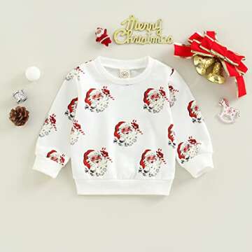 MoZiKQin Toddler Baby Girl Boy Christmas Outfit Santa Print Sweatshirt Long Sleeve Crewneck Sweater Shirt Xmas Clothes (Santa Claus+Umbrella,3-4T)