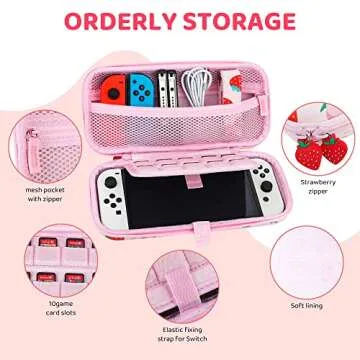 FANPL Carrying Case for Nintendo Switch and Switch OLED Accessories, Pink Strawberry Travel Case Bundle with Adjustable Shoulder Strap, Thumb Grips, Hard Switch Protective Case Cover Anti-Scratch,