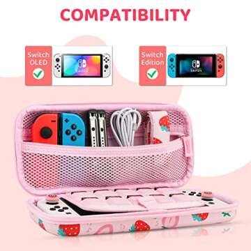 FANPL Carrying Case for Nintendo Switch and Switch OLED Accessories, Pink Strawberry Travel Case Bundle with Adjustable Shoulder Strap, Thumb Grips, Hard Switch Protective Case Cover Anti-Scratch,
