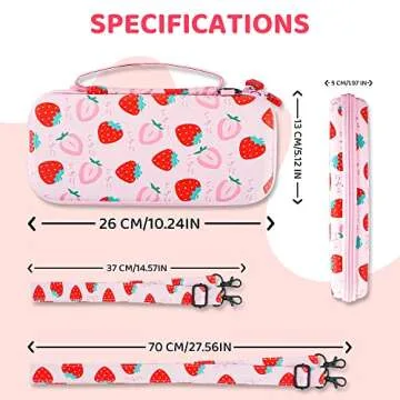 FANPL Carrying Case for Nintendo Switch and Switch OLED Accessories, Pink Strawberry Travel Case Bundle with Adjustable Shoulder Strap, Thumb Grips, Hard Switch Protective Case Cover Anti-Scratch,
