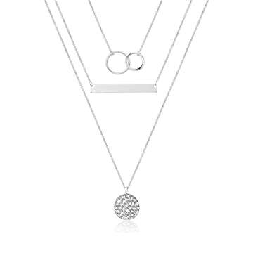 Turandoss Silver Necklace for Women - Dainty Interlocking Circles Necklace Bar Hammered Disc Necklac...