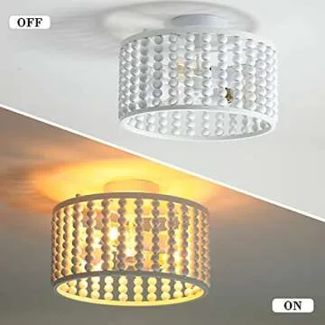 tewei Wood Bead Chandelier, Semi Flush Mount Boho Nursery Ceiling Light Fixture Rustic 3 Lights Chandelier Farmhouse E26 for Kitchen Bedroom Living Dining Room White