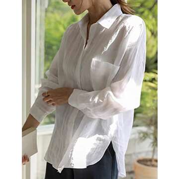 Cofouen Women's Cotton Linen Shirts Button Down V Neck Blouse Casual Long Sleeve High Low Tops White M