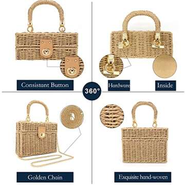 Handwoven Rattan Bag for women-Wicker Woven Square Crossbody vintage Chic Casual Beach Boho Tote Bag...