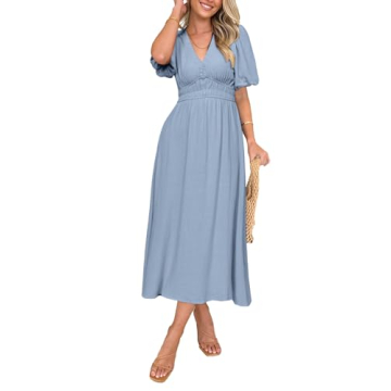 Simplee Women's Summer Boho Maxi Dress Casual V Neck Puff Sleeve Wedding Guest Dress Flowy Linen Bea...