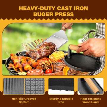 Smash Burger Press Kit, 6.8" Round & 8.3"x4.1" Rectangular Cast Iron Grill Press with Wood Handle, 5...