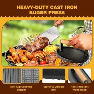 Smash Burger Press Kit, 6.8" Round & 8.3"x4.1" Rectangular Cast Iron Grill Press with Wood Handle, 5...