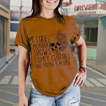 Women Horror Friends Shirt I Like Murder Shows Novelty Print Maybe 3 People Short Sleeve Graphic Classic Casual Party Comfy Clothes Summer Fall Top,L Camel