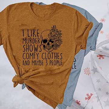Women Horror Friends Shirt I Like Murder Shows Novelty Print Maybe 3 People Short Sleeve Graphic Classic Casual Party Comfy Clothes Summer Fall Top,L Camel