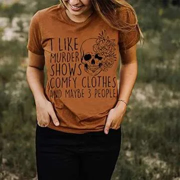 Women Horror Friends Shirt I Like Murder Shows Novelty Print Maybe 3 People Short Sleeve Graphic Classic Casual Party Comfy Clothes Summer Fall Top,L Camel