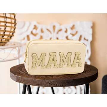 Sage Nation Chenille Letter Bag- Nylon Cosmetic Preppy Pouch For Travel and Organization, Mama Bag, Glitter Cosmetic Bag With Zipper For Women and Children, Mama Makeup Bag