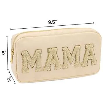 Sage Nation Chenille Letter Bag- Nylon Cosmetic Preppy Pouch For Travel and Organization, Mama Bag, Glitter Cosmetic Bag With Zipper For Women and Children, Mama Makeup Bag