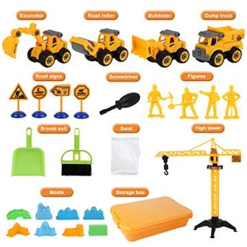 WICOTOO Sand Construction Kit,Sandbox,2.2lbs Magic Sand W/4 Take Apart Construction Trucks,Tower Cra...