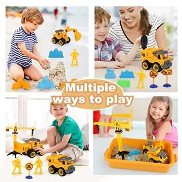 WICOTOO Sand Construction Kit,Sandbox,2.2lbs Magic Sand W/4 Take Apart Construction Trucks,Tower Crane,8 Sand Molds,4 Worker Figures,4 Road Signs,Toys for Boys Girls Age 4-8 Yellow,Brown