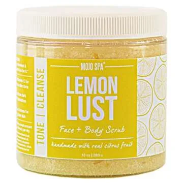 Mojo Spa Lemon Lust Face and Body Scrub | Lemon Citrus Scent | Moisturizing Sugar Based Exfoliator | 10 oz