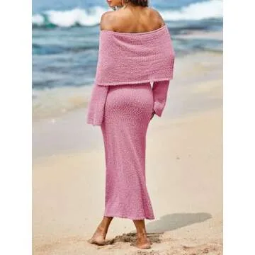 Saodimallsu Womens Off Shoulder Summer Maxi Dress Bell Long Sleeve Sexy Bodycon Strapless Sheer Beach Swimsuit Coverup