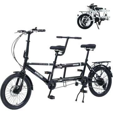 Tandem Bike - City Tandem Folding Bicycle, Foldable Tandem Adult Beach Cruiser Bike Adjustable 7 Spe...