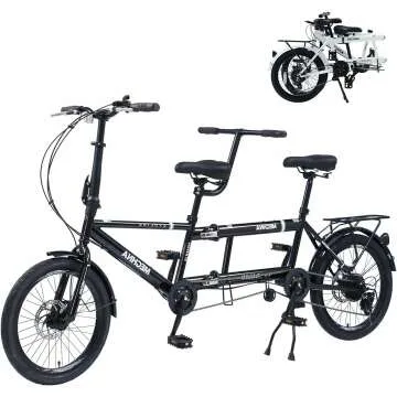 Tandem Bike - City Tandem Folding Bicycle, Foldable Tandem Adult Beach Cruiser Bike Adjustable 7 Spe...
