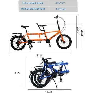 Tandem Bike - City Tandem Folding Bicycle, Foldable Tandem Adult Beach Cruiser Bike Adjustable 7 Speeds, 2-seater, CE FCC CCC