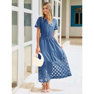 Simplee Women’s Summer Boho Maxi Dress Casual Short Sleeve Long Flowing Dress with Pockets (Blue M...