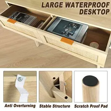 HOPUBUY Console Table Rattan Desk with Drawers, Oak Narrow Sofa Table with Pine Leg, Modern Small Entryway Table for Hallway and Living Room, 39" Rustic Natural