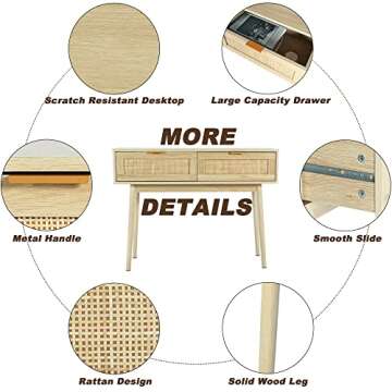 HOPUBUY Console Table Rattan Desk with Drawers, Oak Narrow Sofa Table with Pine Leg, Modern Small Entryway Table for Hallway and Living Room, 39" Rustic Natural