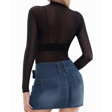 MANGOPOP Womens Long Sleeve Mesh Sheer Tops Sexy Mock Neck Clubwear Shirts, Black, XL